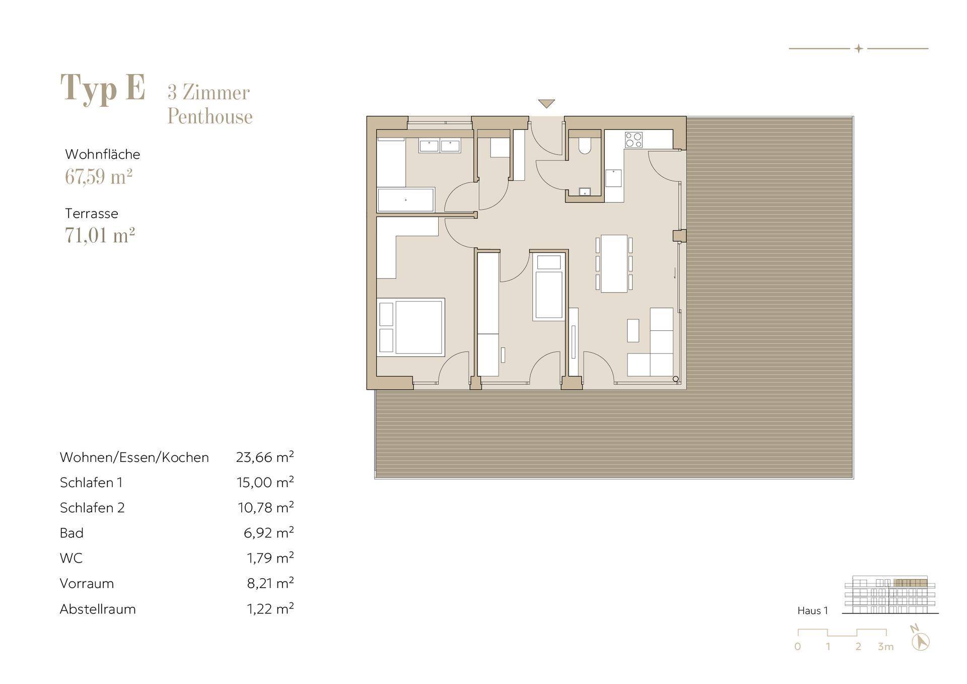Grundriss des Penthouse Typ E mit drei Zimmern, offener Wohnküche und großer Terrasse.