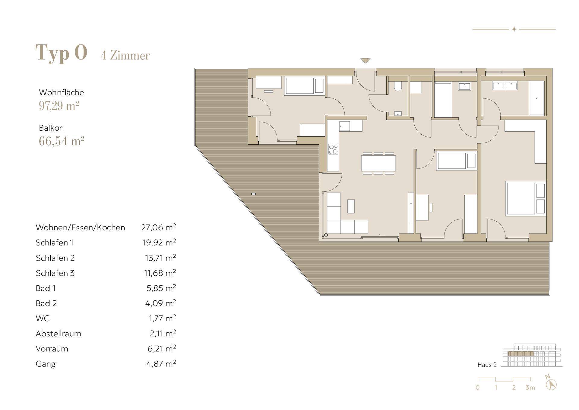 Grundriss Typ O mit vier Zimmern, Wohnfläche 97,29 m² und großem Balkon.