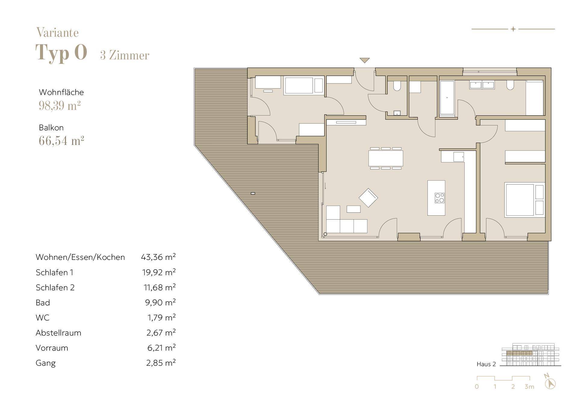 Grundriss Variante Typ O mit drei Zimmern, Wohnfläche 98,39 m² und großem Balkon.