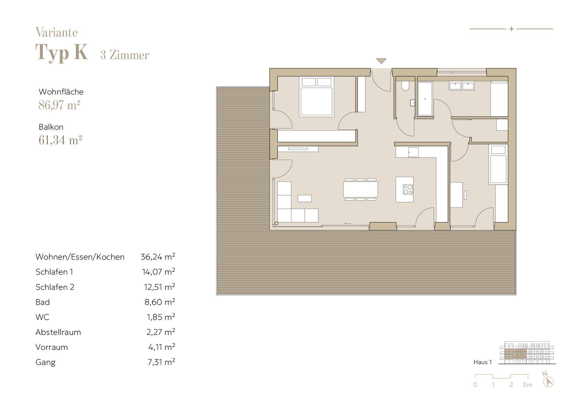 Grundriss "Variante Typ K" mit drei Zimmern und einem großen Balkon.