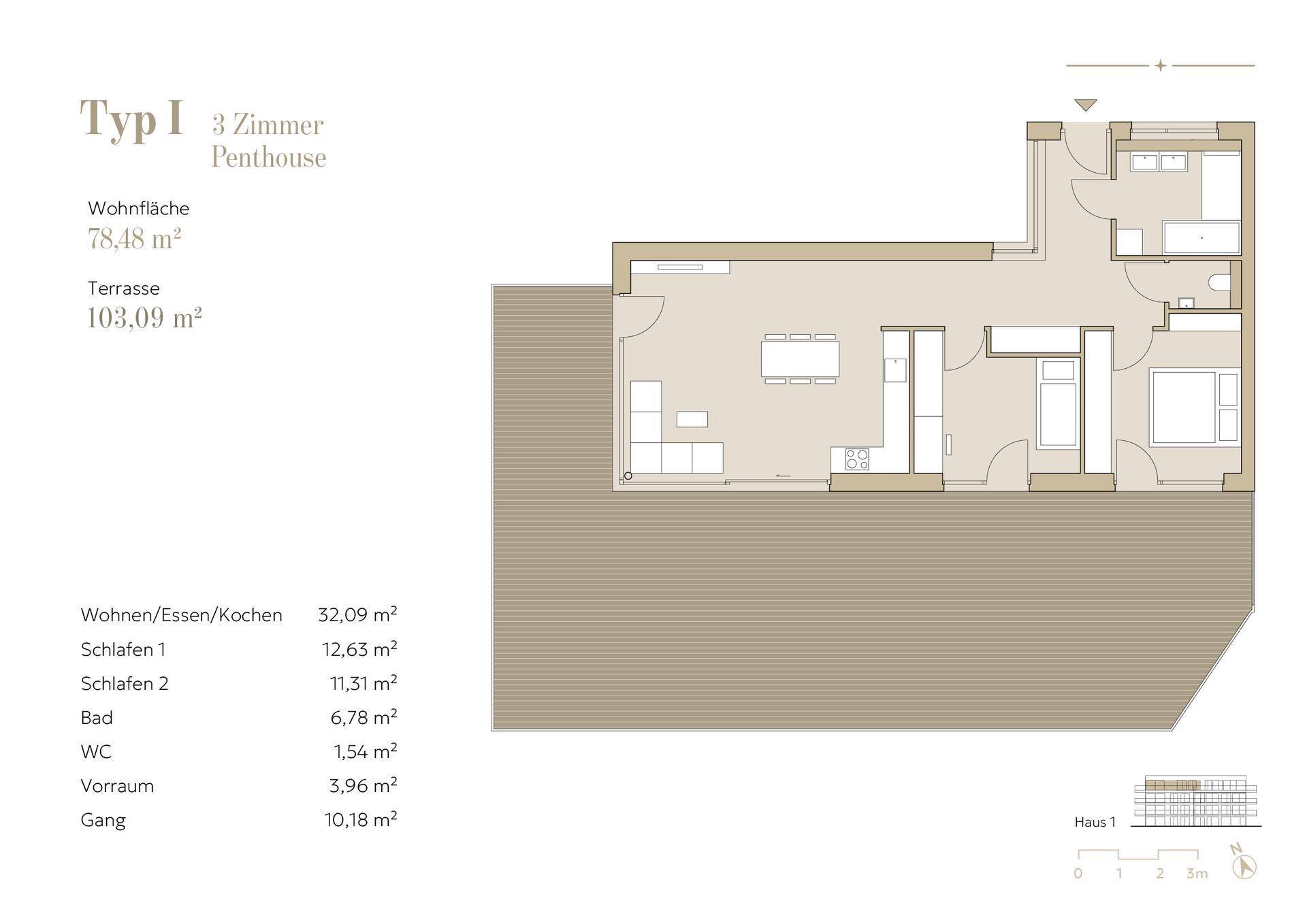 Grundriss des Penthouse Typ I mit drei Zimmern, offenem Wohnbereich und großer Terrasse.