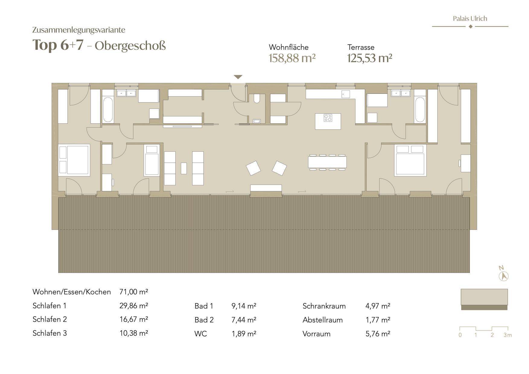 Detaillierter Grundriss einer Wohnung mit drei Schlafzimmern, zwei Bädern und großer Terrasse.