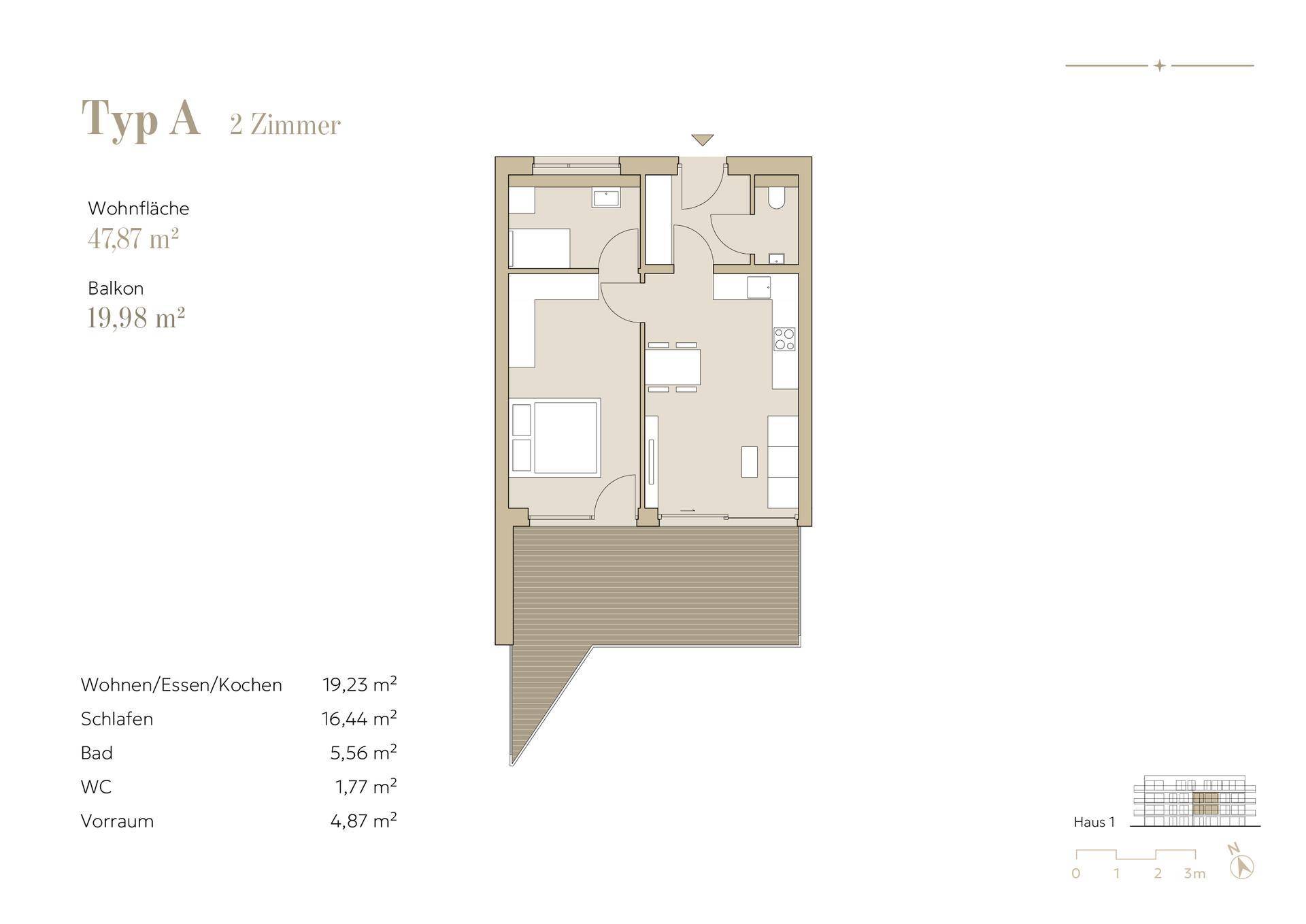Grundrissplan für eine 2-Zimmer-Wohnung mit Balkon und offener Wohnküche.