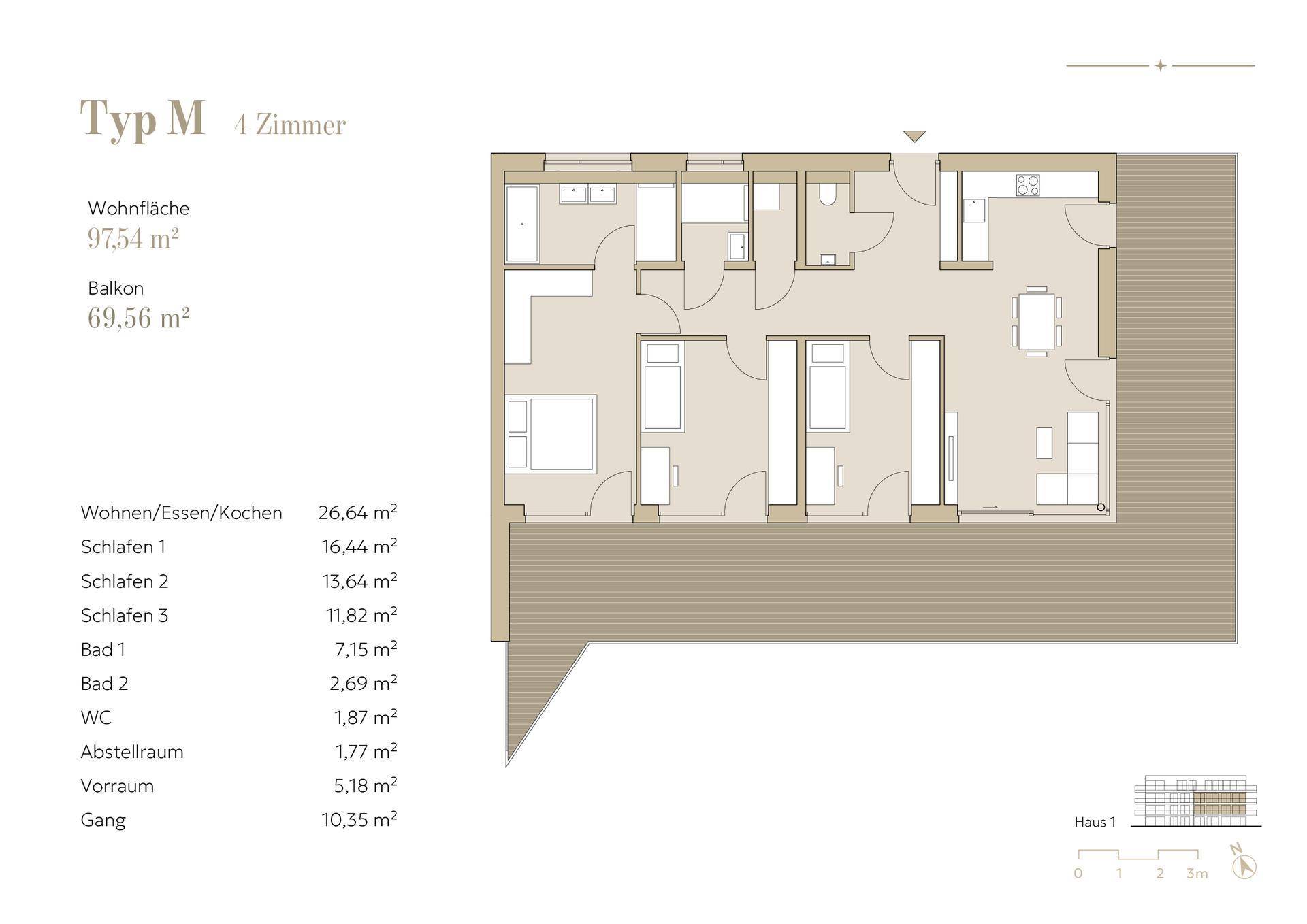 Grundriss Typ M mit vier Zimmern, großem Balkon und detaillierten Flächenangaben.