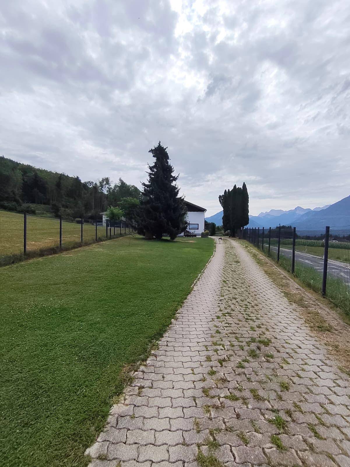 Lange gepflasterte Auffahrt, die zum Haus führt, umgeben von weitläufigen Grünflächen und Bergen.