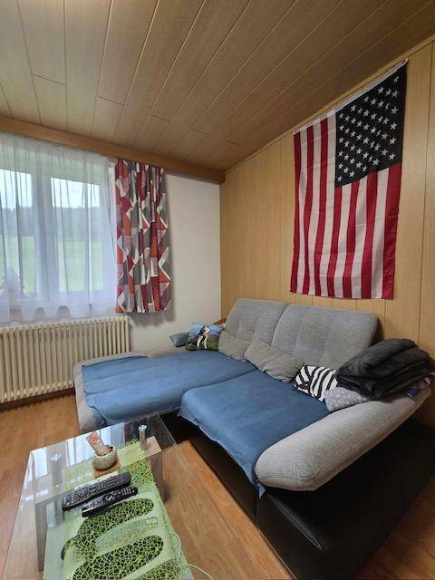 Gemütliches Wohnzimmer mit Holzboden, Sofa und amerikanischer Flagge als Dekoration.
