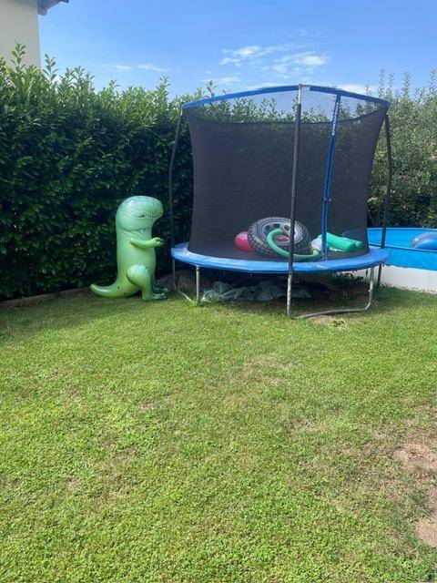 Grüner Gartenbereich mit Trampolin, kleinem Pool und aufblasbarem Dinosaurier für Kinder.