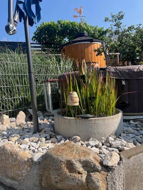 Hölzerner Whirlpool und Pflanzenkübel auf einem Kiesbett in einem sonnigen Gartenbereich.