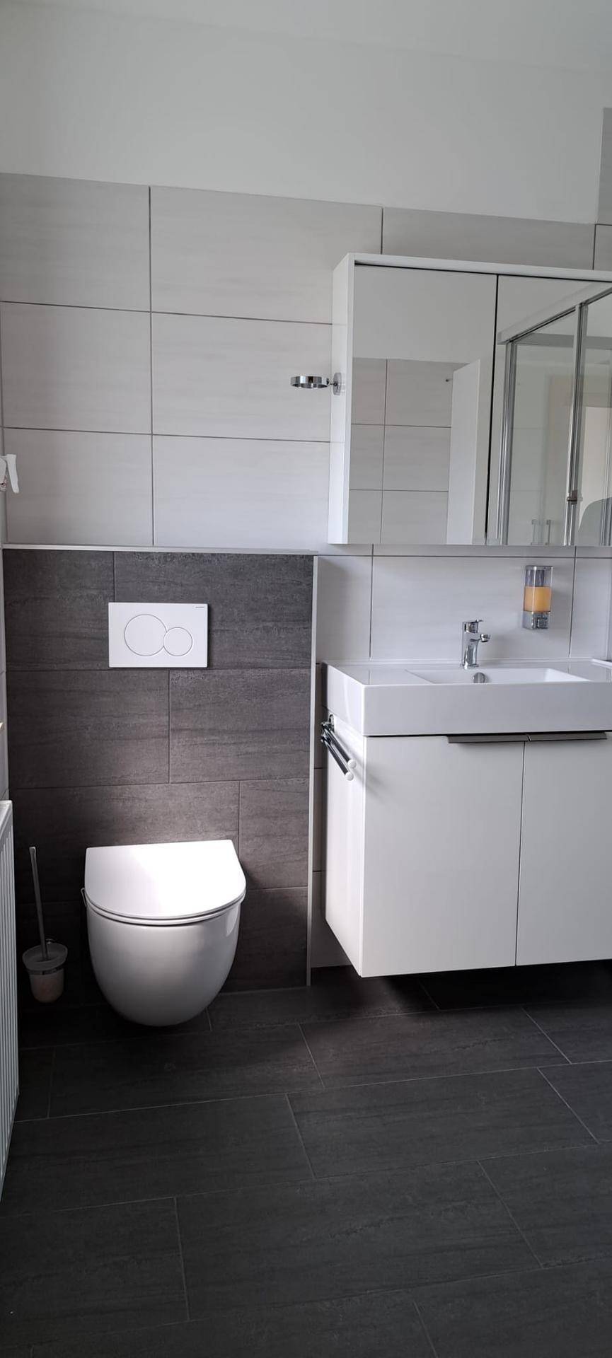Modernes Badezimmer mit Hänge-WC, Waschbecken und Spiegelschrank in Grautönen.