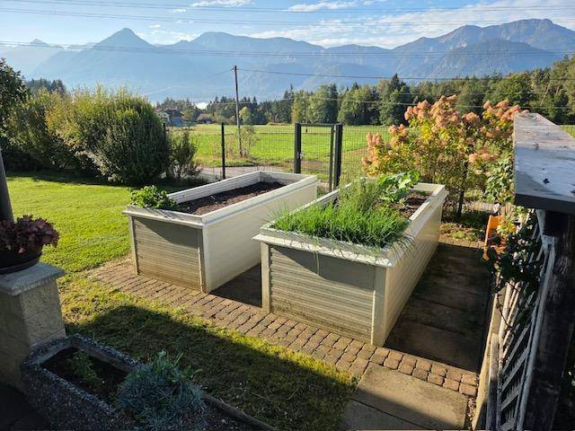 Erhöhte Hochbeete im Garten mit frischen Kräutern und einem malerischen Bergblick im Hintergrund.