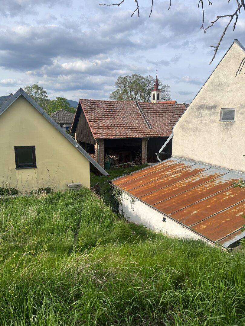 Blick über eine grüne Wiese auf mehrere Gebäude und einen Kirchturm in der Ferne.