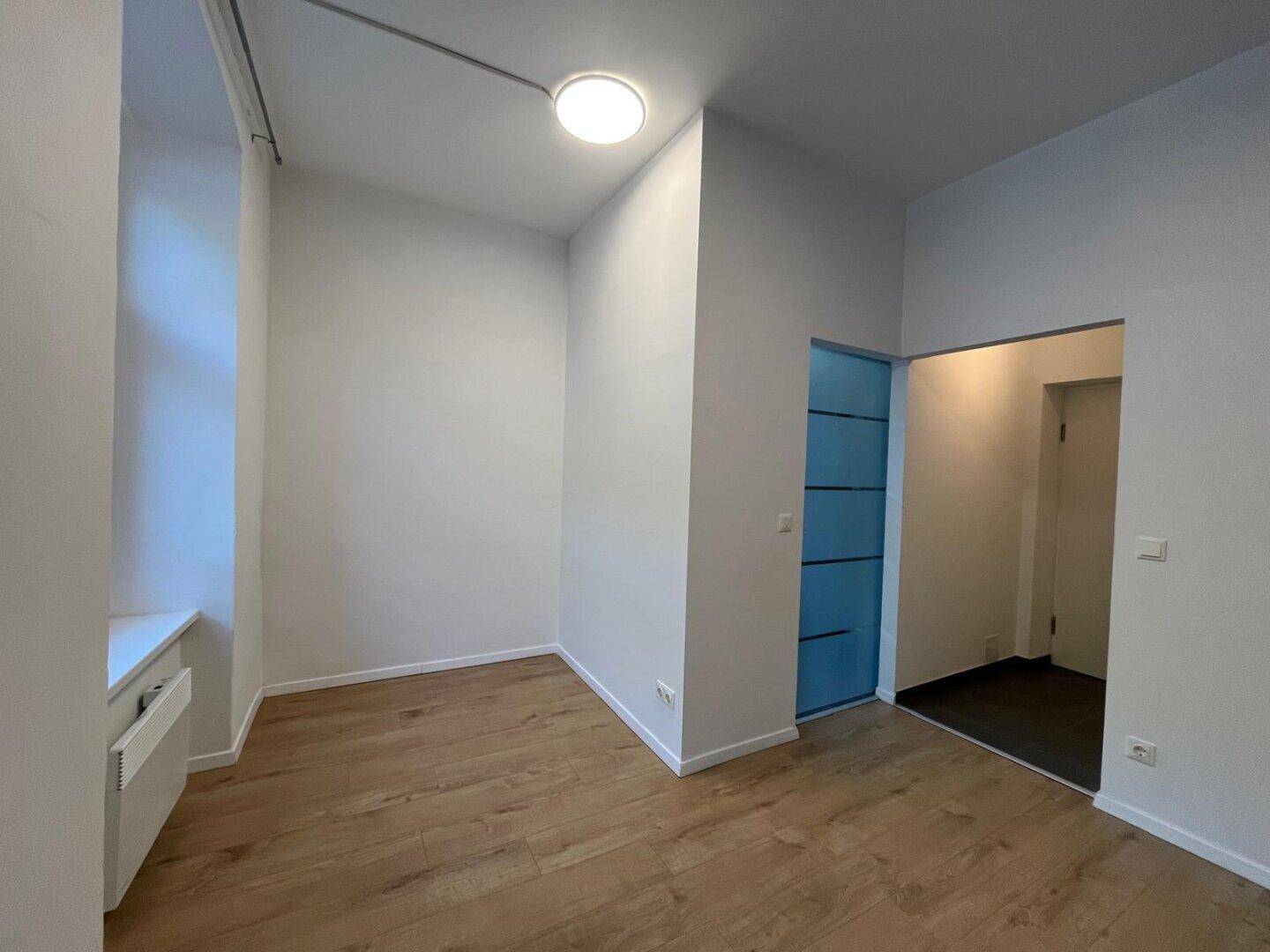Heller Raum mit Holzfußboden und einem Fenster, mit einer modernen blauen Tür.