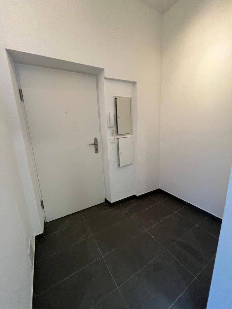 Eingangsbereich mit dunklen Bodenfliesen und weißer Tür, schlicht und funktional.