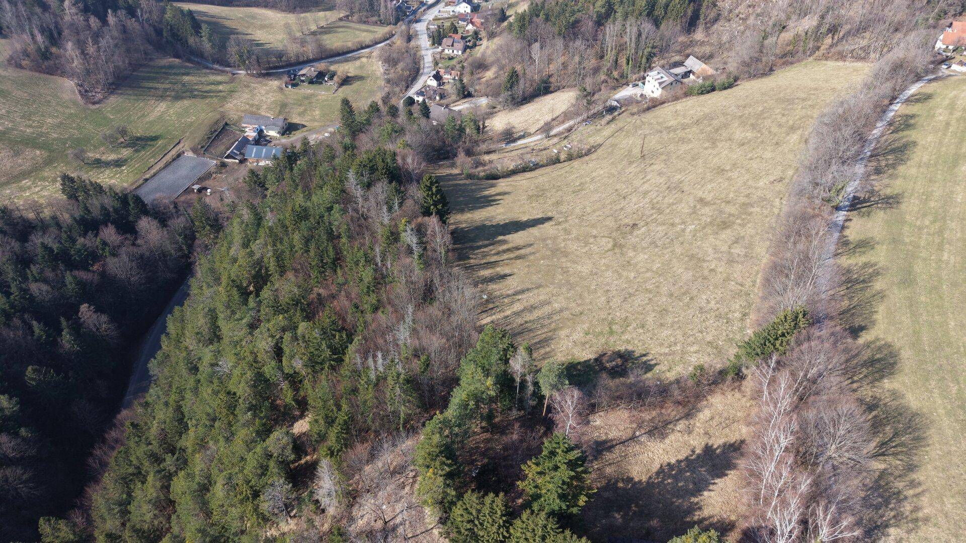 Panoramablick aus der Vogelperspektive auf die hügelige Landschaft mit Wäldern, Feldern und einem Dorf in der Ferne.