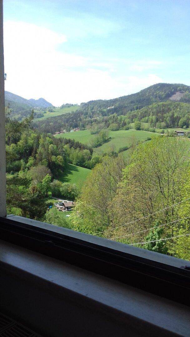 Malerischer Ausblick aus einem Fenster auf die grüne Hügellandschaft und das Tal.