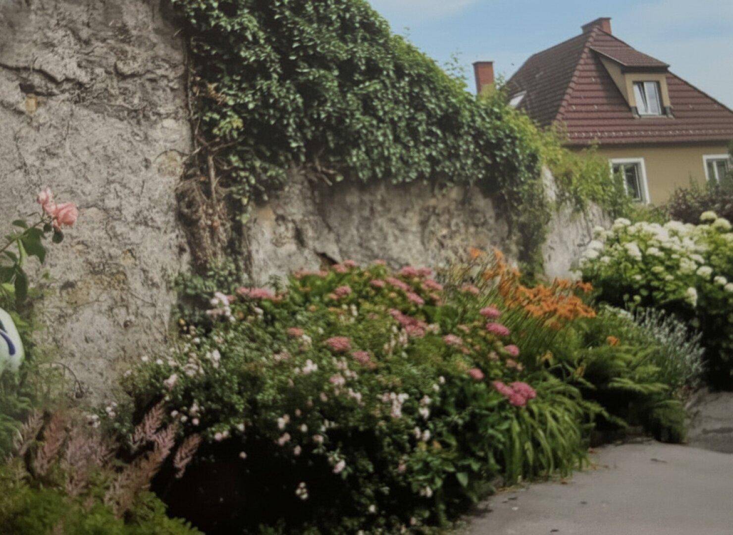 Bepflanzte Gartenmauer mit verschiedenen Blumen und Sträuchern.