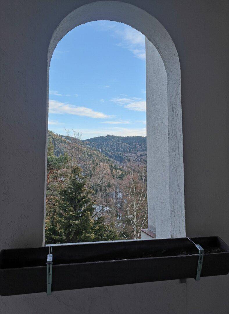 Malerischer Ausblick durch ein Bogenfenster auf bewaldete Hügel und die umliegende Landschaft.