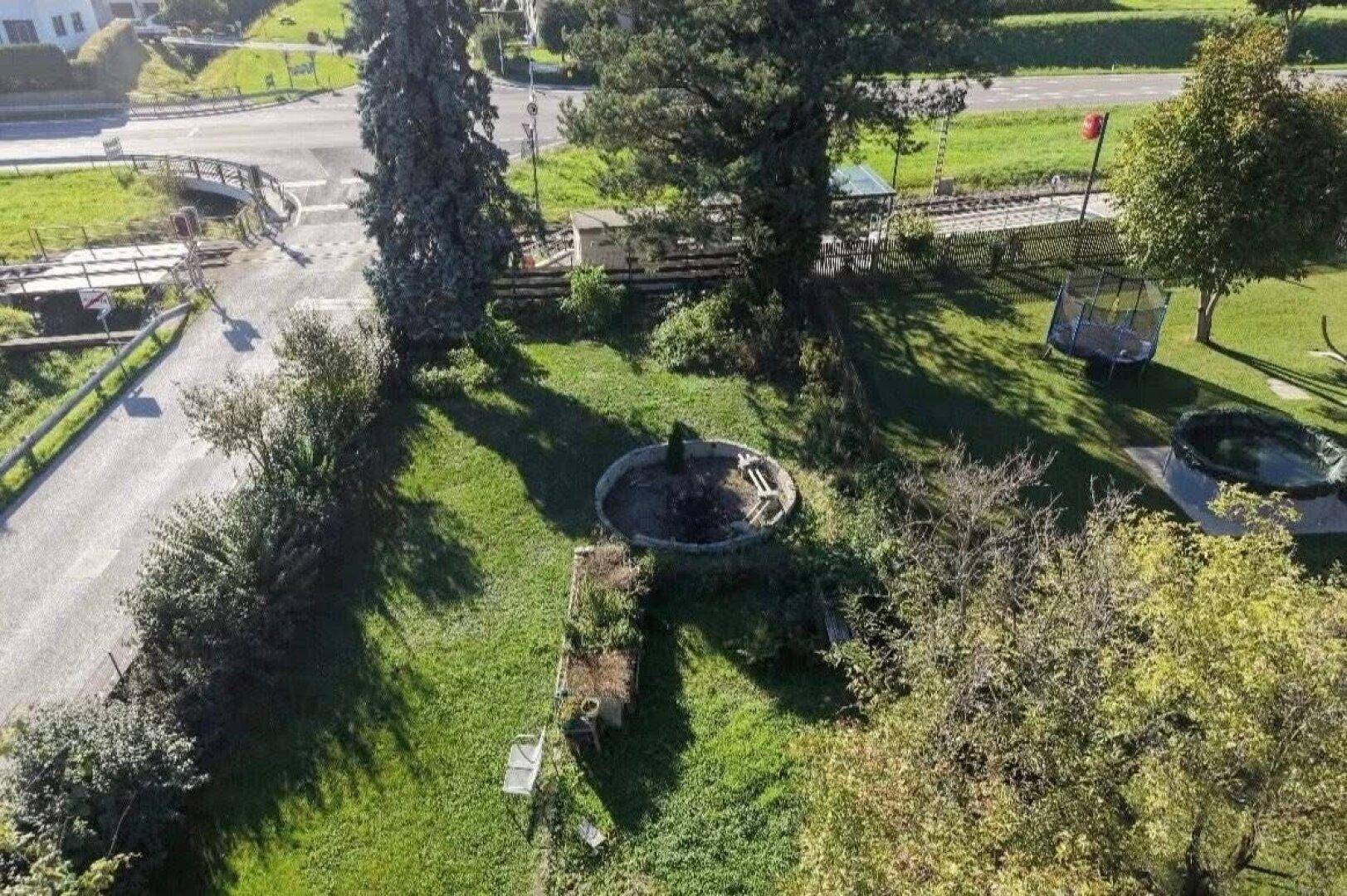 Grüner Gartenbereich mit einer Feuerstelle, Rasenfläche und Bäumen.