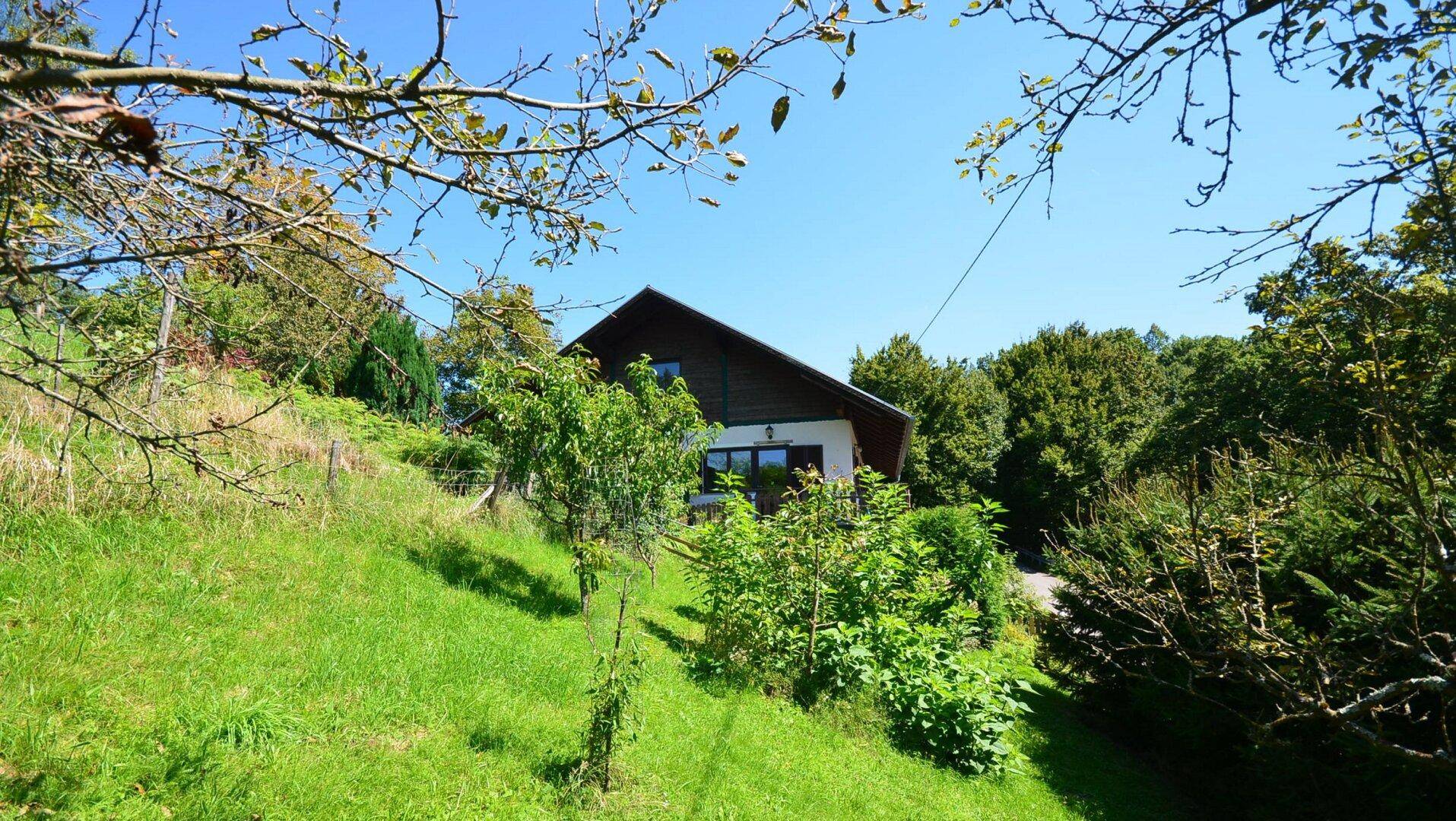 Haus auf einem Hügel, umgeben von üppigem Grün und Bäumen unter blauem Himmel.
