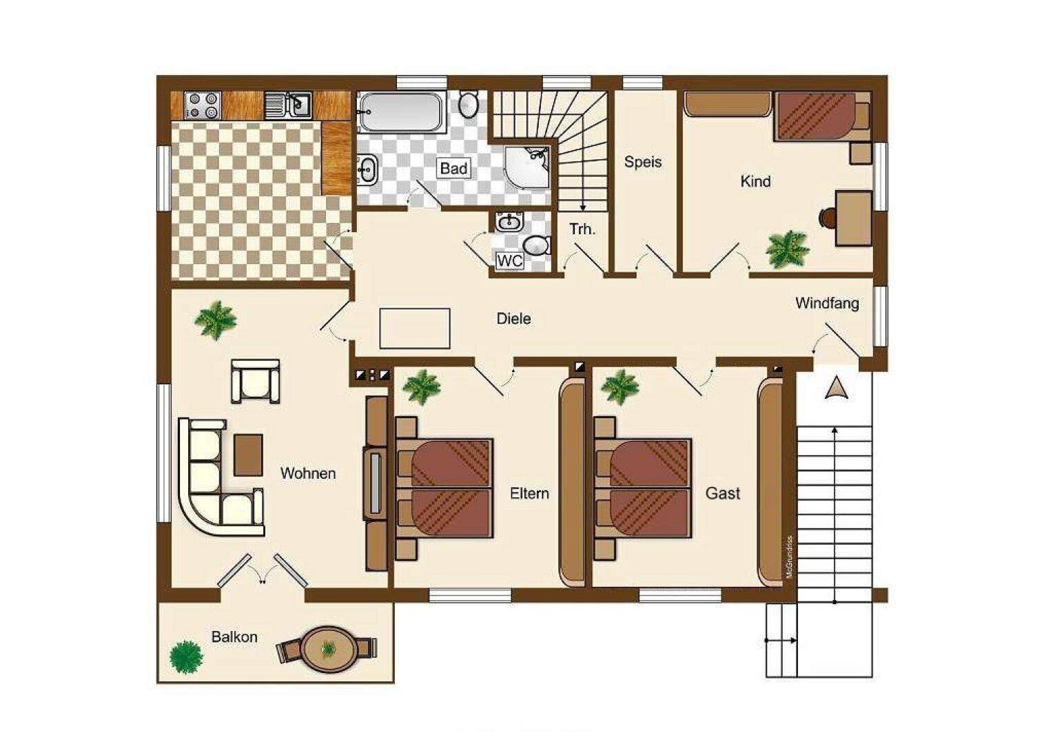 Grundriss des Obergeschosses mit Wohnzimmer, Schlafzimmern, Bad und Balkon.