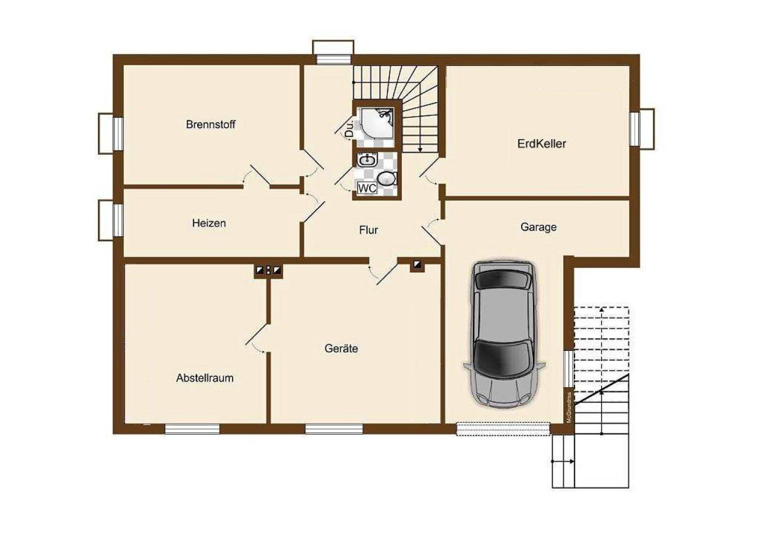 Grundriss des Untergeschosses mit Garage, Abstellräumen und Heizraum.