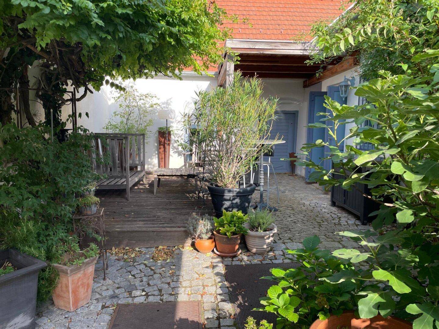 Sonniger Innenhof mit Holzboden, Sitzgelegenheiten und vielen Topfpflanzen unter einem Baum.