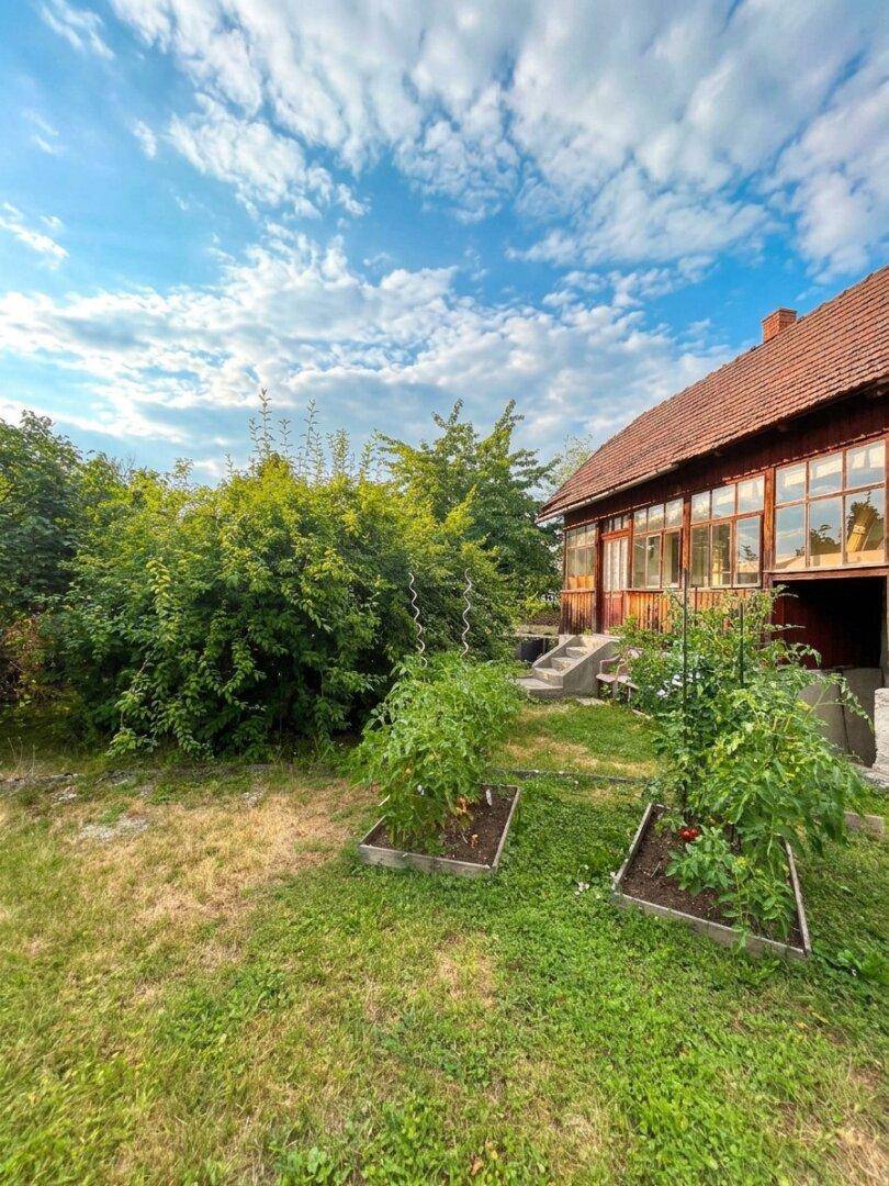 Gartenansicht des Hauses mit zwei bepflanzten Hochbeeten und üppigem Grün, das eine natürliche Umgebung schafft.