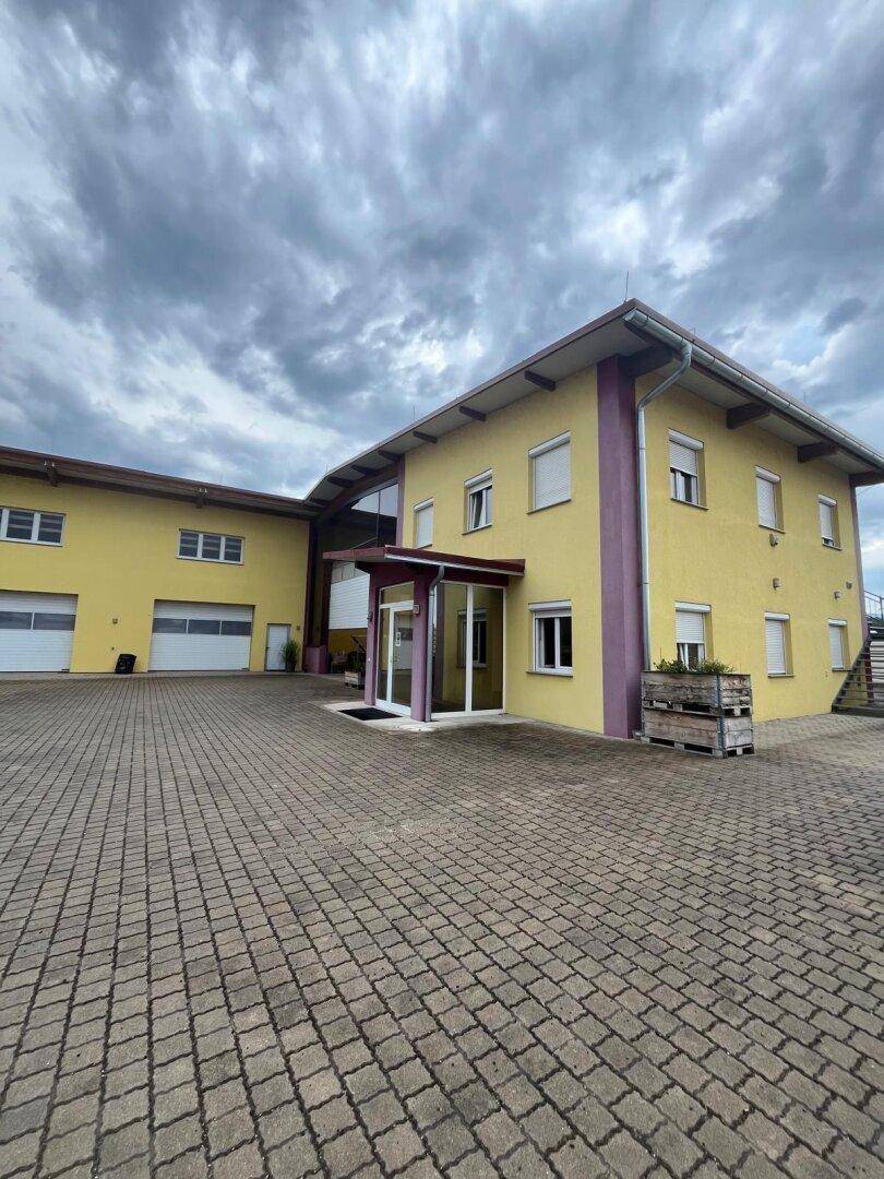 Ansicht des Geschäftsgebäudes mit gelber Fassade, lila Akzenten und einem weitläufigen gepflasterten Bereich.