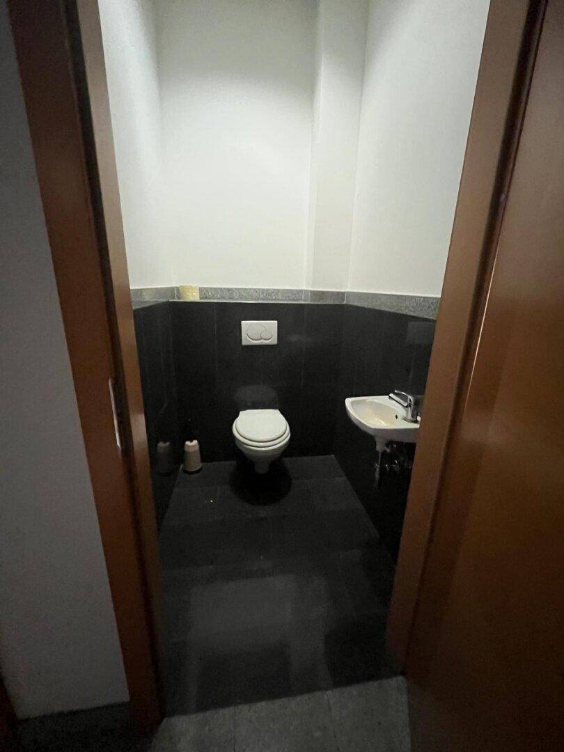Gästetoilette mit WC und kleinem Waschbecken, ausgestattet mit dunklen Fliesen und weißen Wänden.