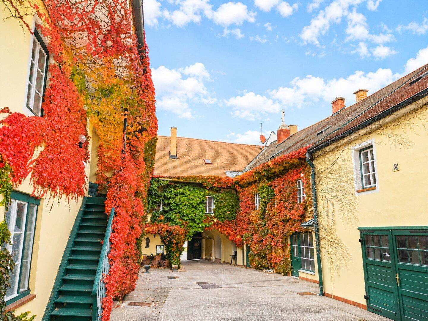 Malerischer Innenhof mit Gebäuden, die von leuchtend rotem und grünem Efeu bedeckt sind, und einer Außentreppe.