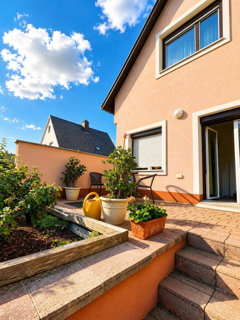 Gemütliche Terrasse mit Pflanzbeeten und Sitzgelegenheiten vor der Hausfassade.