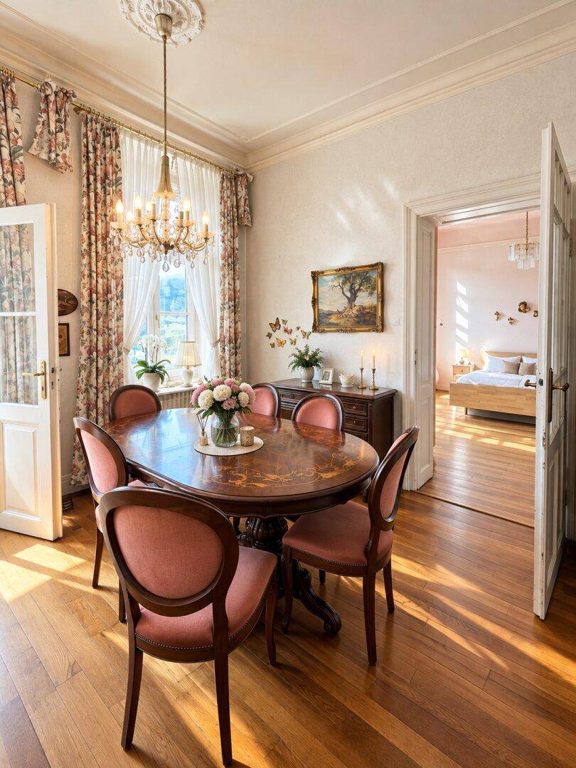 Elegantes Esszimmer mit Holzboden, Kronleuchter und Zugang zu einem Schlafzimmer.