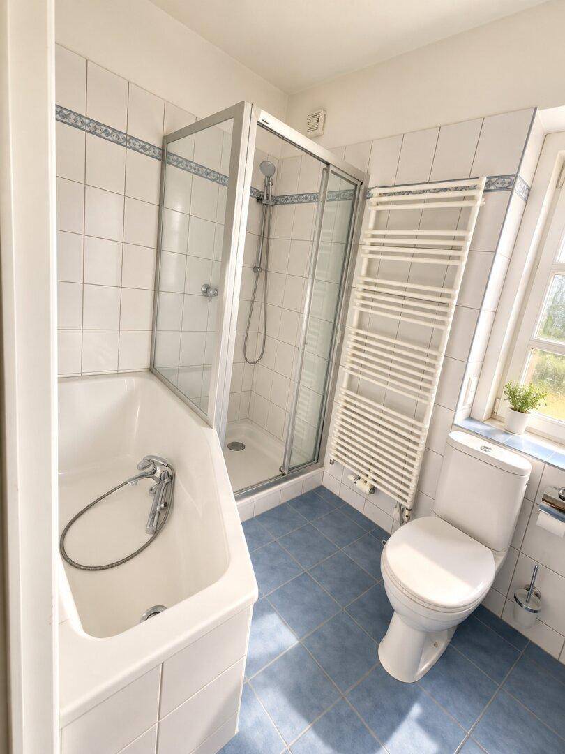 Badezimmer mit blauen Fliesen, Badewanne, Duschkabine und beheiztem Handtuchhalter.