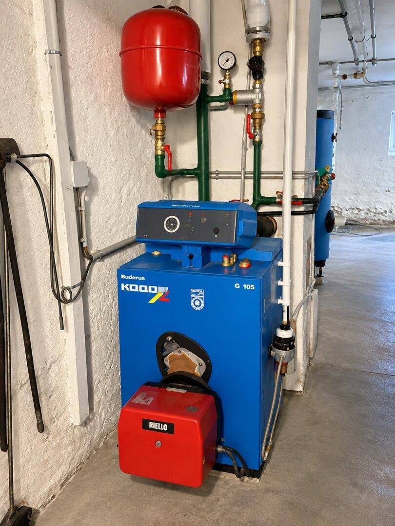 Heizungsraum mit einem Buderus Heizkessel und zugehörigen Installationen.
