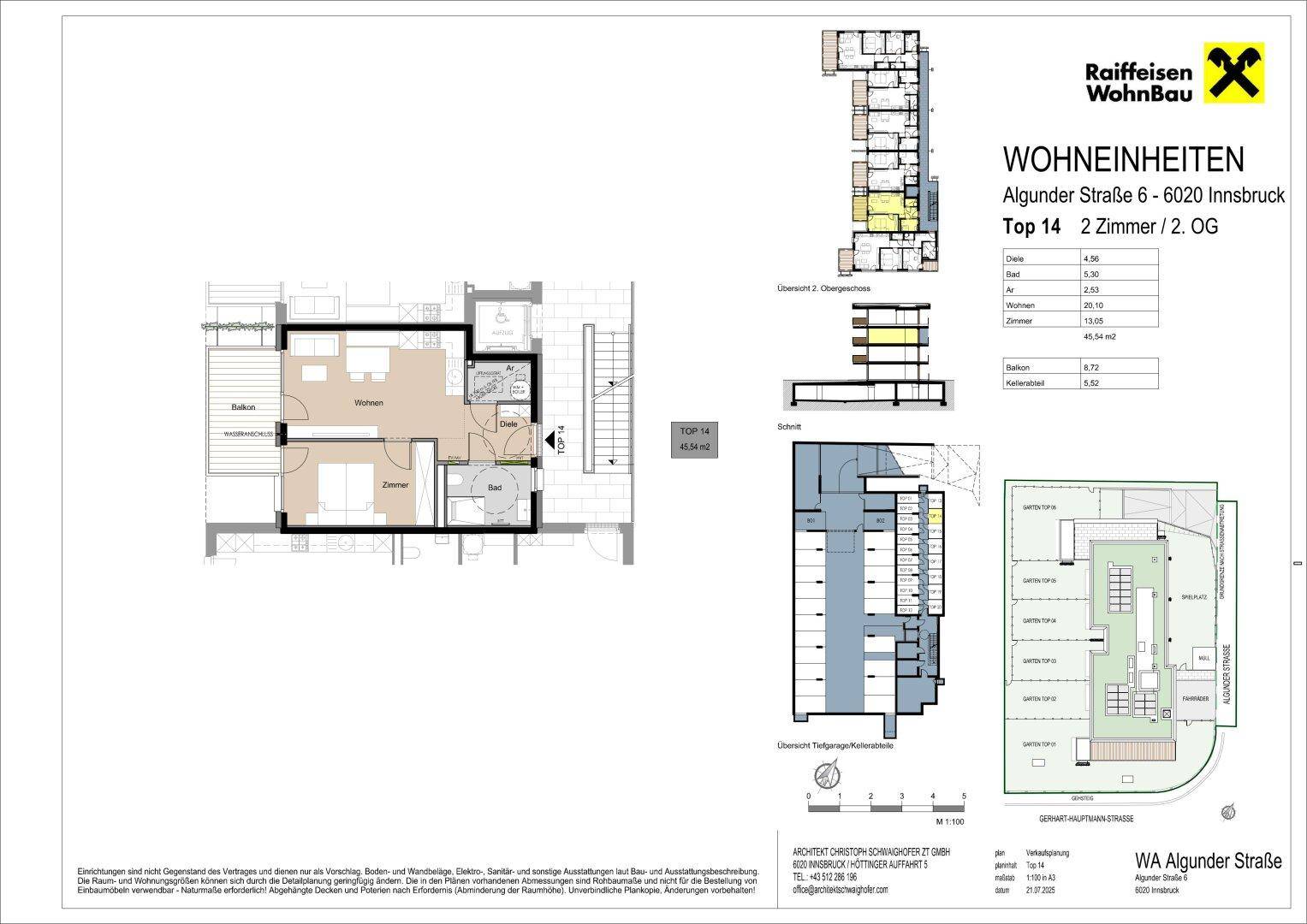 Detaillierter Grundriss einer Wohneinheit mit zwei Zimmern und Balkon.