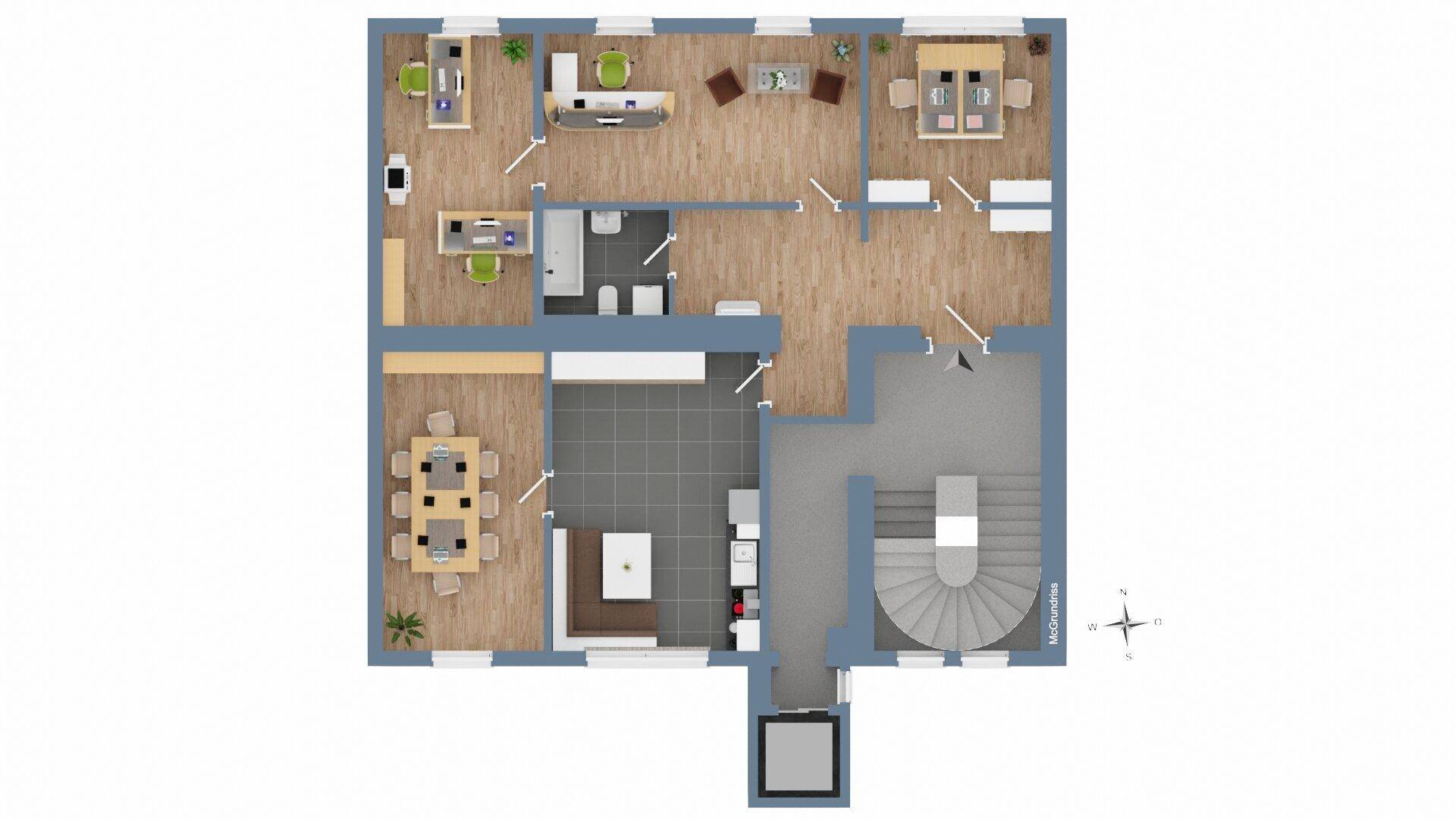 Detaillierter Grundriss mit mehreren Büroräumen, Küche, Bädern und einer Wendeltreppe.