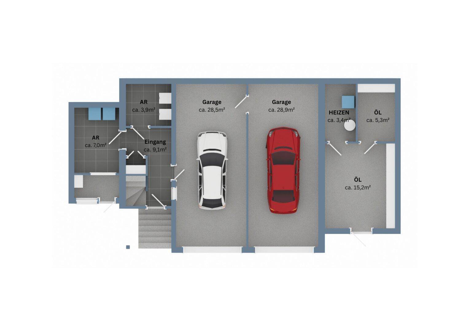 Grundriss des Erdgeschosses mit Doppelgarage, Eingangsbereich und Abstellräumen.