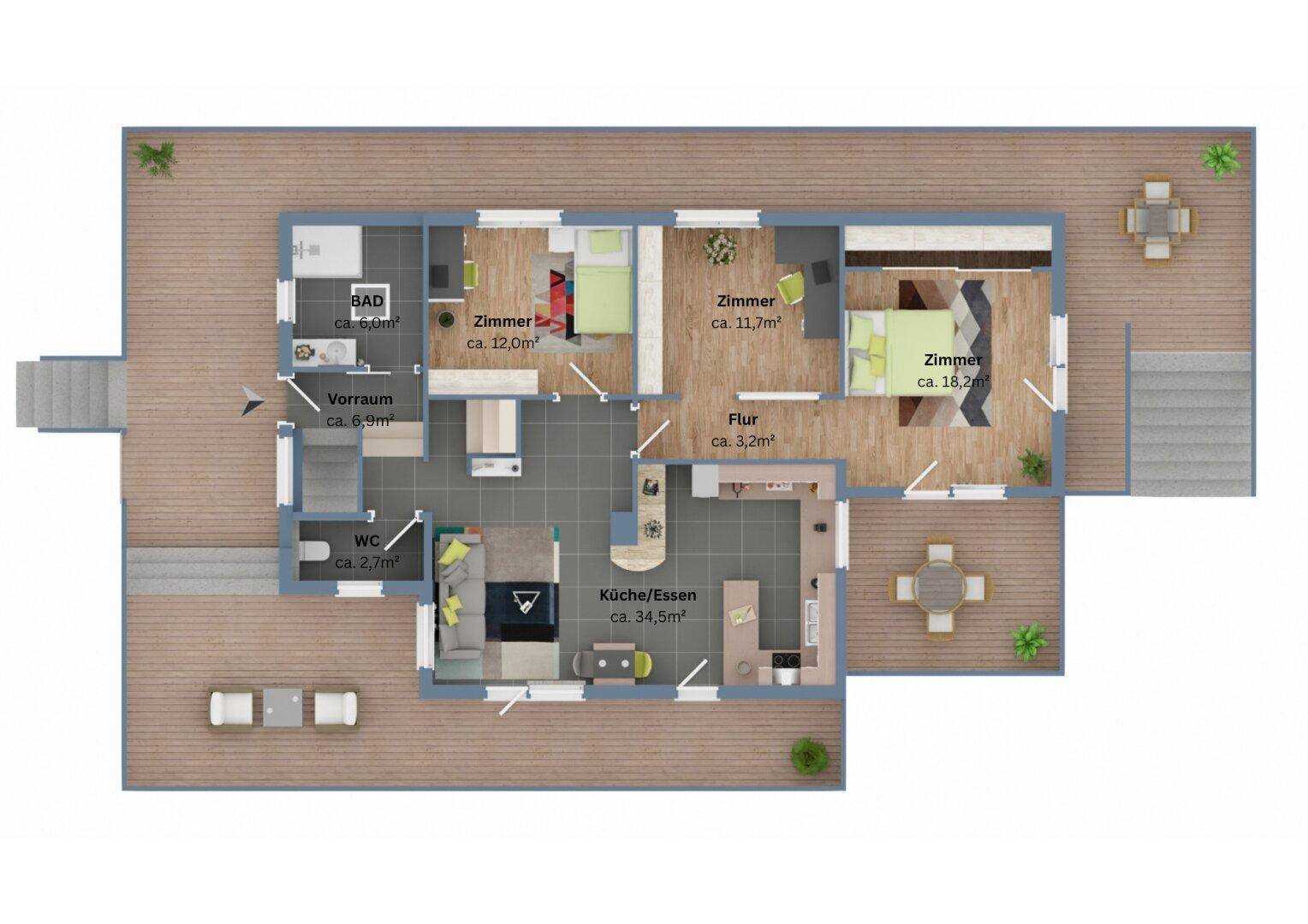 Grundriss des Obergeschosses mit offenem Wohnbereich, Küche, Schlafzimmern und Terrassen.