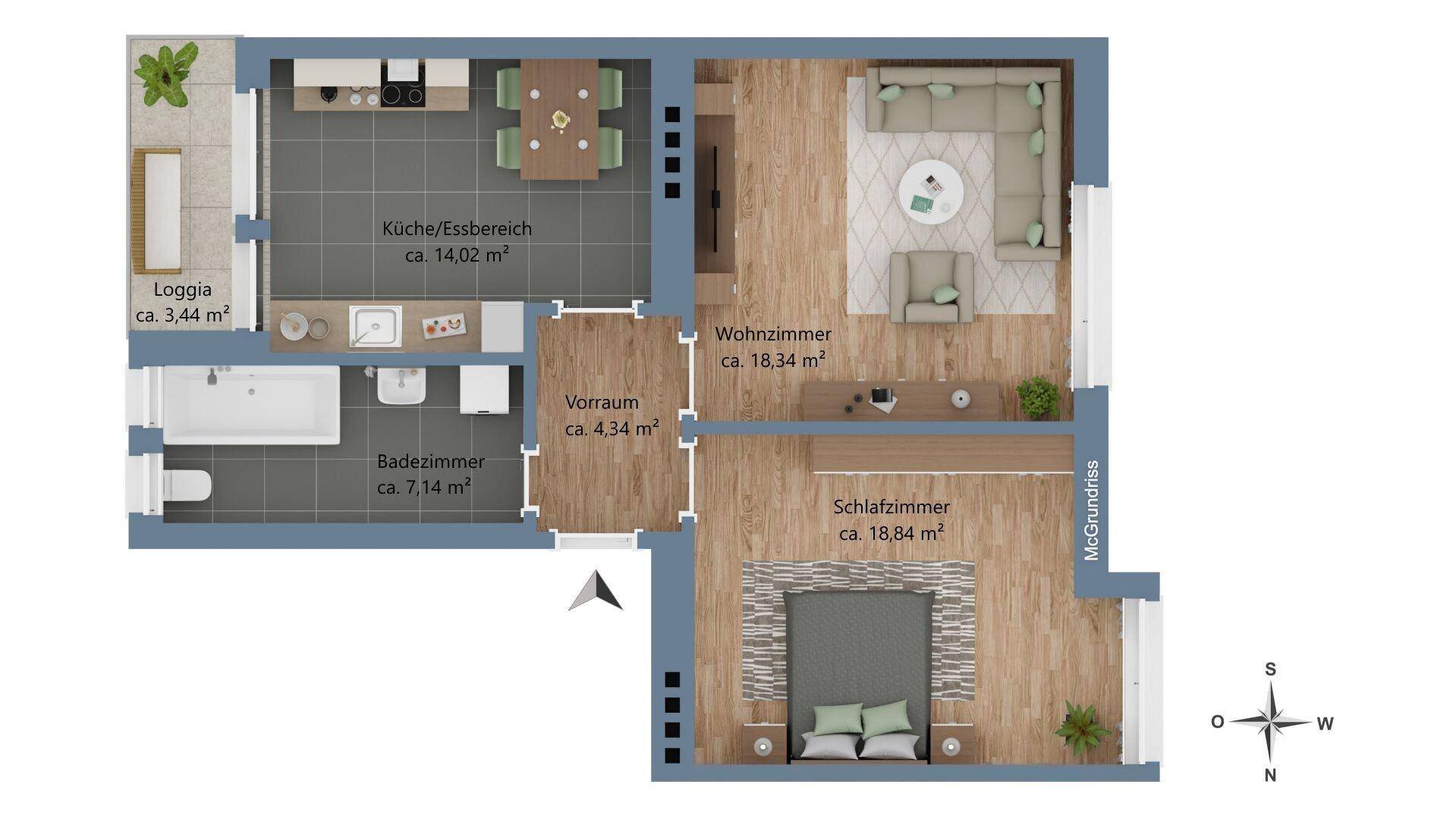 Detaillierter Grundriss einer Wohnung mit Küche, Wohnzimmer, Schlafzimmer und Badezimmer, inklusive Loggia.