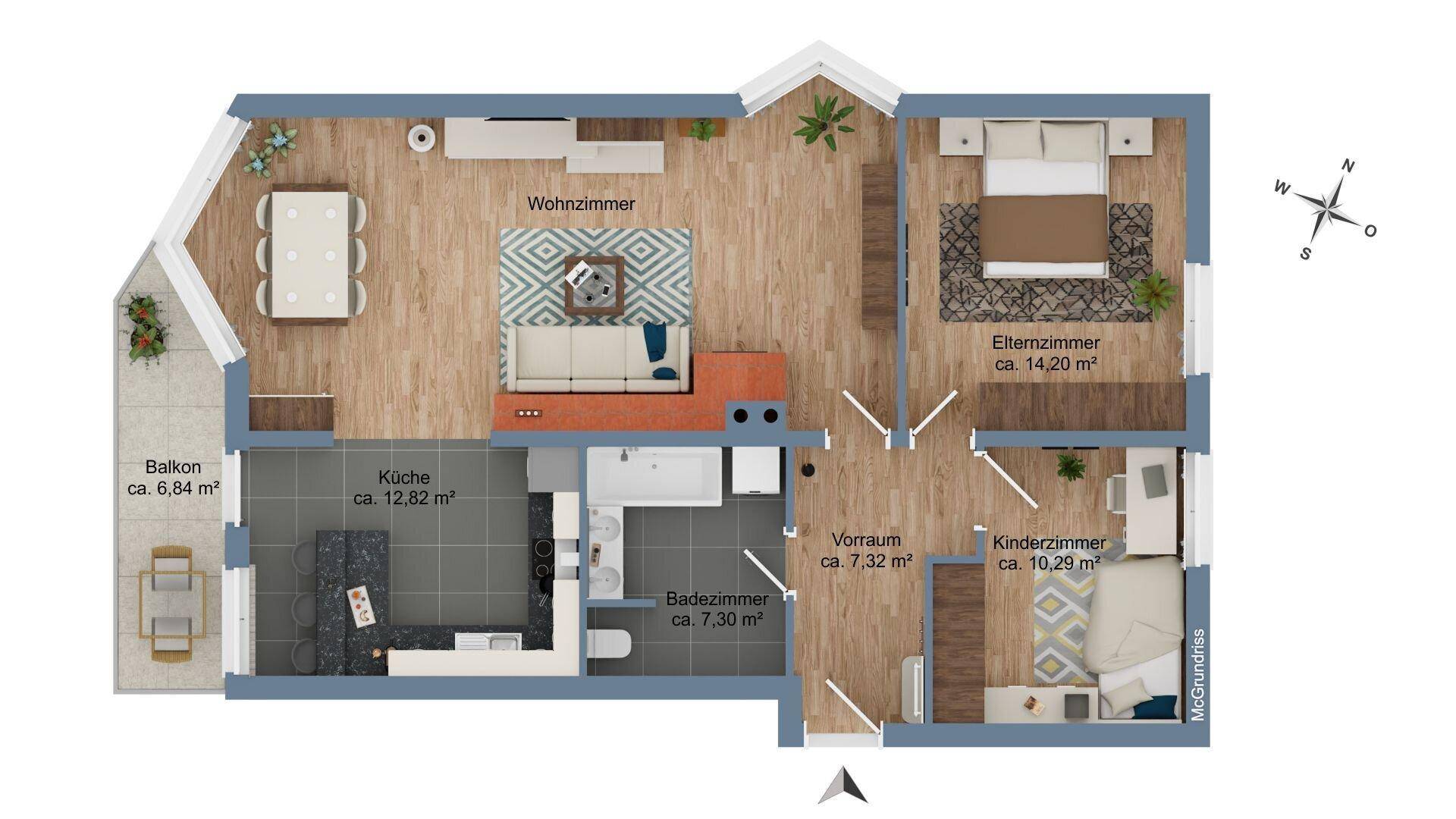 Detaillierter Grundriss einer Wohnung mit Wohnzimmer, Küche, Schlafzimmer und Balkon.