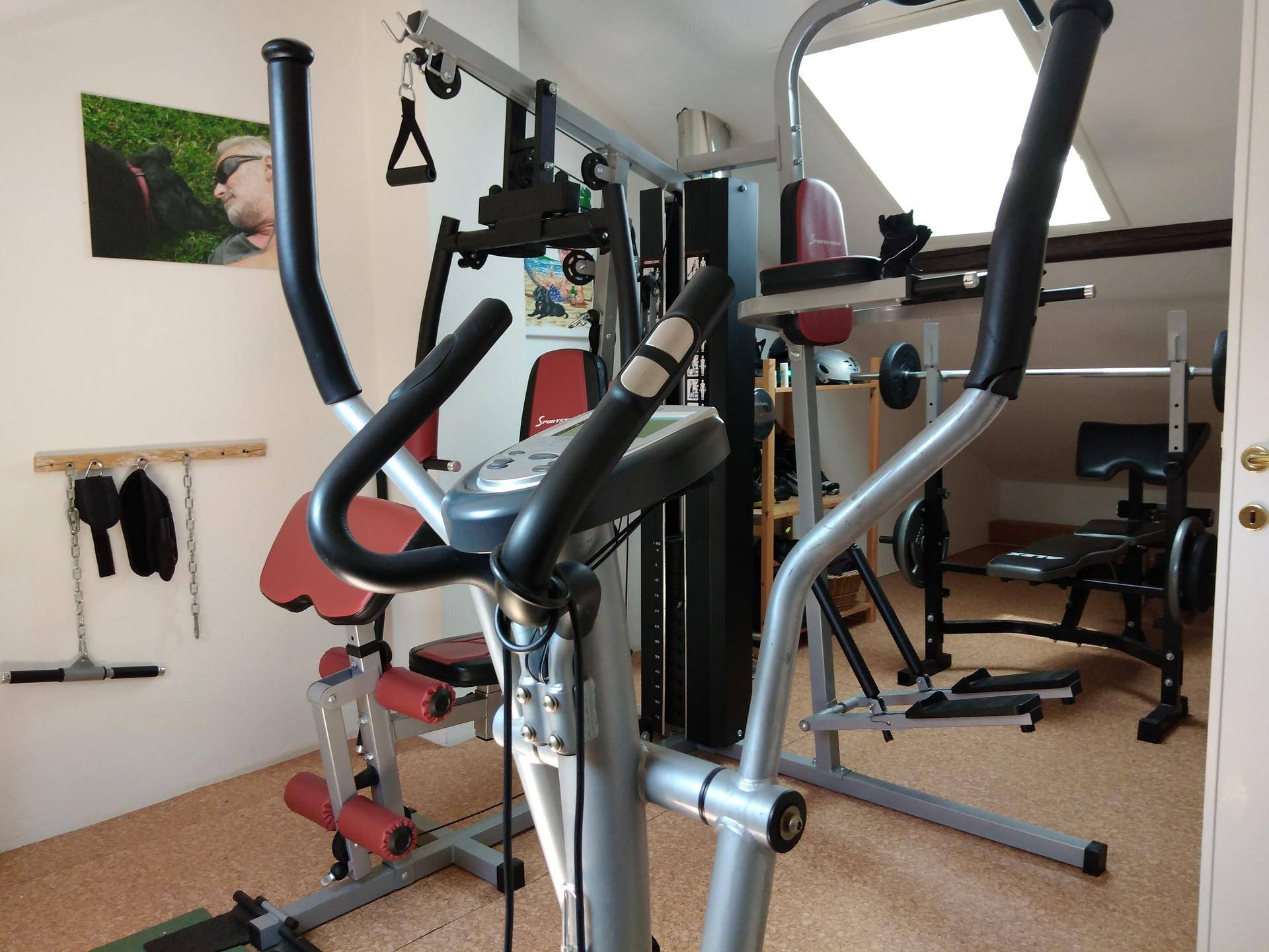 Gut ausgestatteter Fitnessraum im Dachgeschoss mit verschiedenen Trainingsgeräten für Sportbegeisterte.