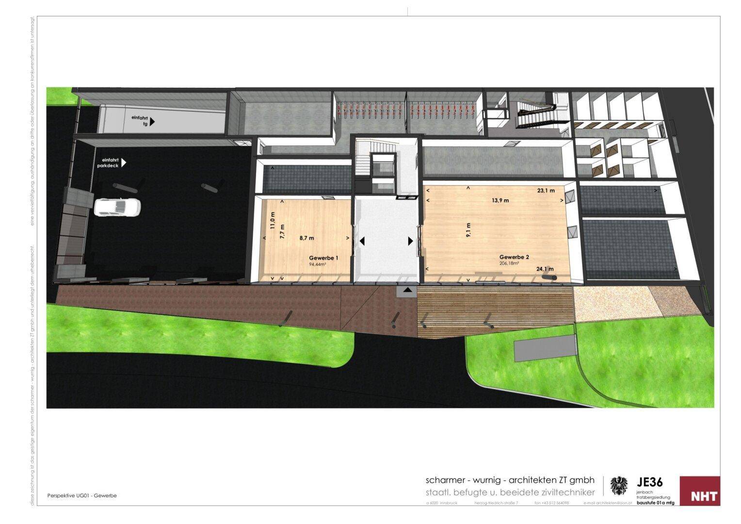 Grundrissplan zeigt die Aufteilung von Gewerbeflächen im Erdgeschoss mit Tiefgaragenzufahrt und Treppenhaus.