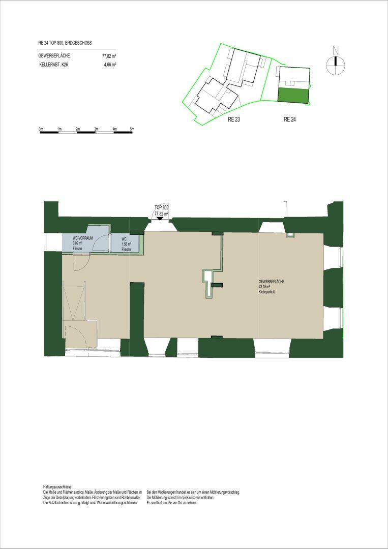 Grundriss des Erdgeschosses mit einer großzügigen Gewerbefläche und einem separaten WC-Bereich.