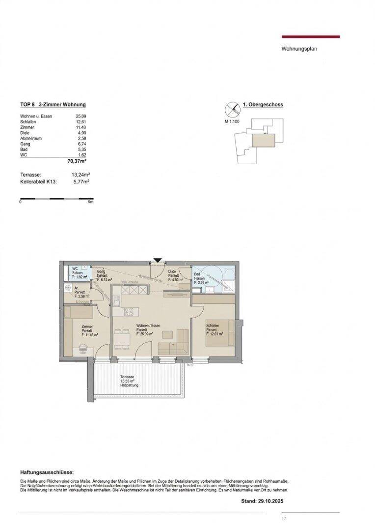 Grundriss einer 3-Zimmer-Wohnung im Obergeschoss mit offener Wohnküche und großer Terrasse.