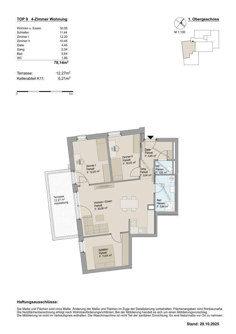 Grundriss der 4-Zimmer-Wohnung TOP 9 mit 78,14m² Wohnfläche und Terrasse.