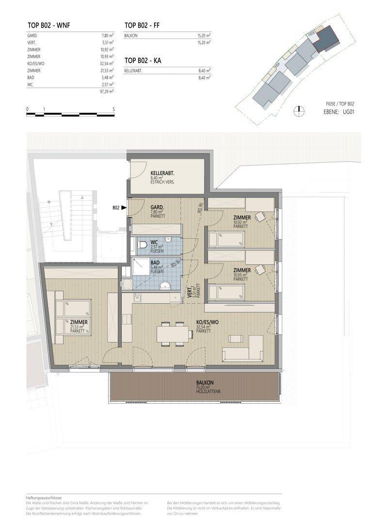Grundriss einer Wohnung mit drei Zimmern, offenem Wohnbereich, Bad, separatem WC und Balkon.