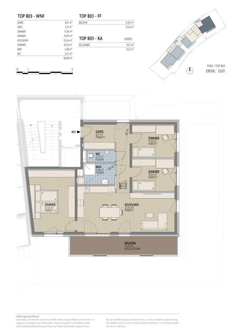 Detaillierter Grundriss einer modernen Wohnung mit drei Zimmern, Bad, separatem WC und großem Balkon.