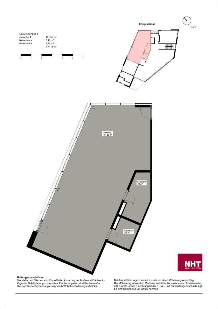 Grundriss einer Gewerbeeinheit im Erdgeschoss mit großem, offenem Hauptbereich und mehreren Nebenräumen.