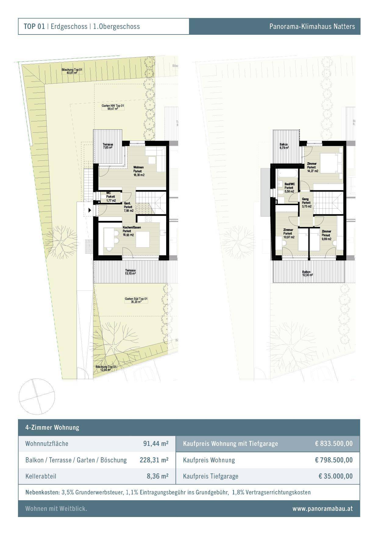 Detaillierter Grundriss einer Maisonette-Wohnung über zwei Etagen mit Garten und Balkon.