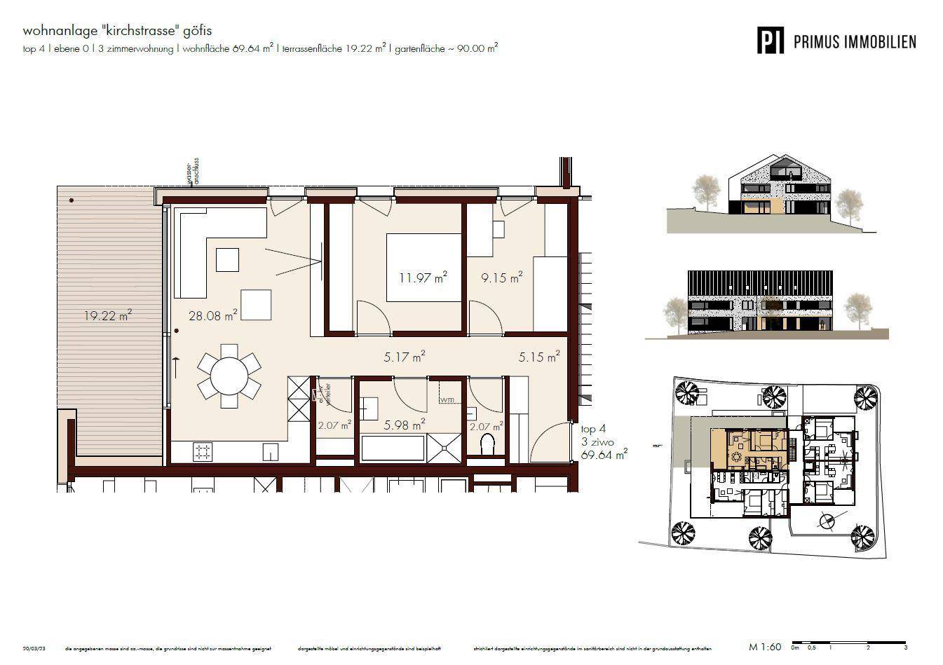 Detaillierter Grundriss einer 3-Zimmer-Wohnung mit großzügigem Wohnbereich und Terrasse.
